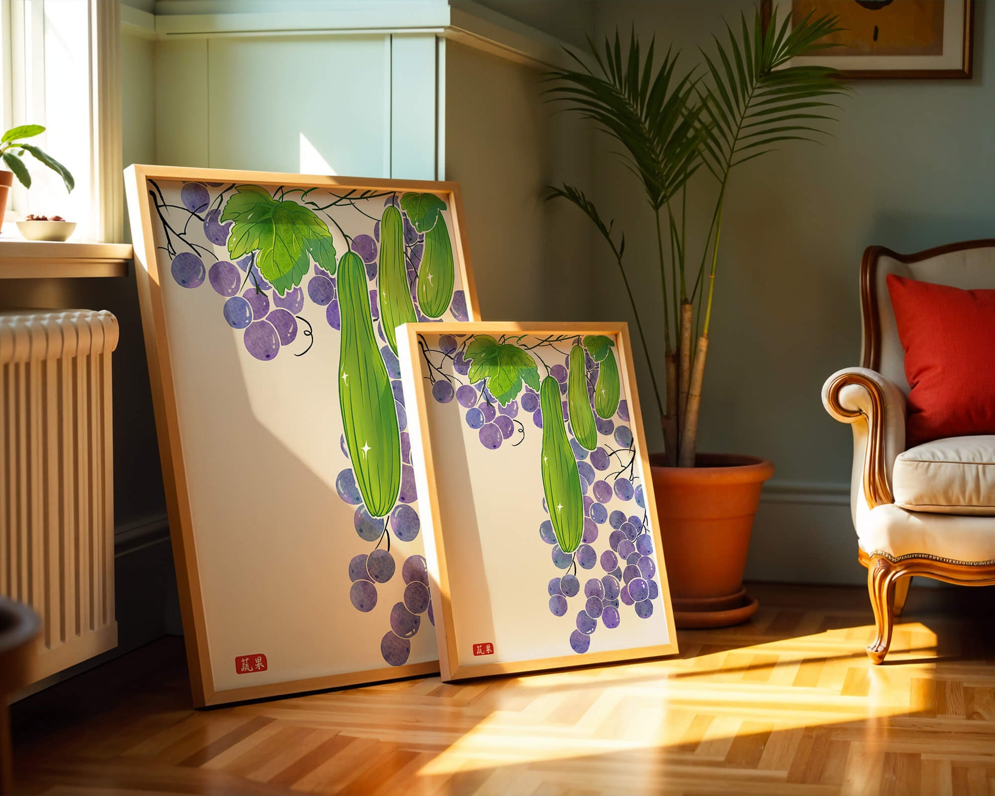 Ilustración de uvas y pepino con colores vibrantes y hojas