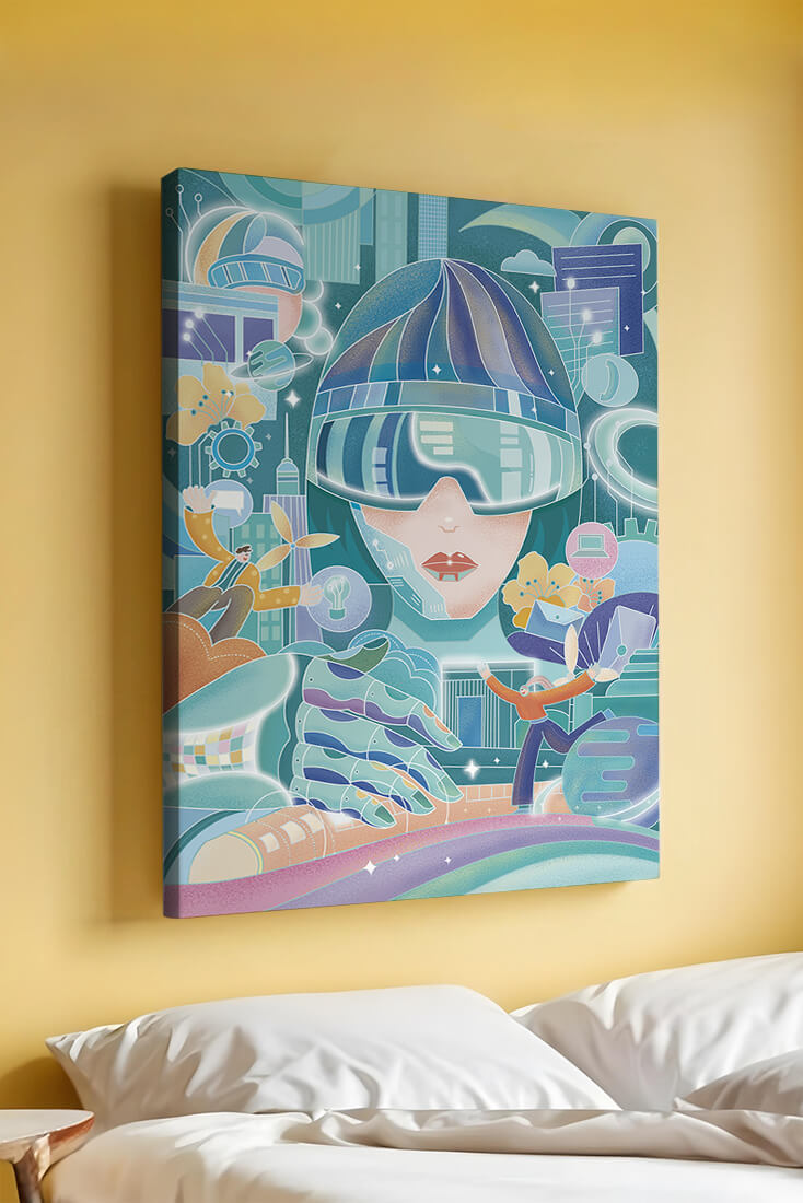 Futuristic digital art with virtual reality and technology themes