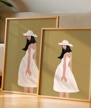 Woman in a white dress and hat on a gold background