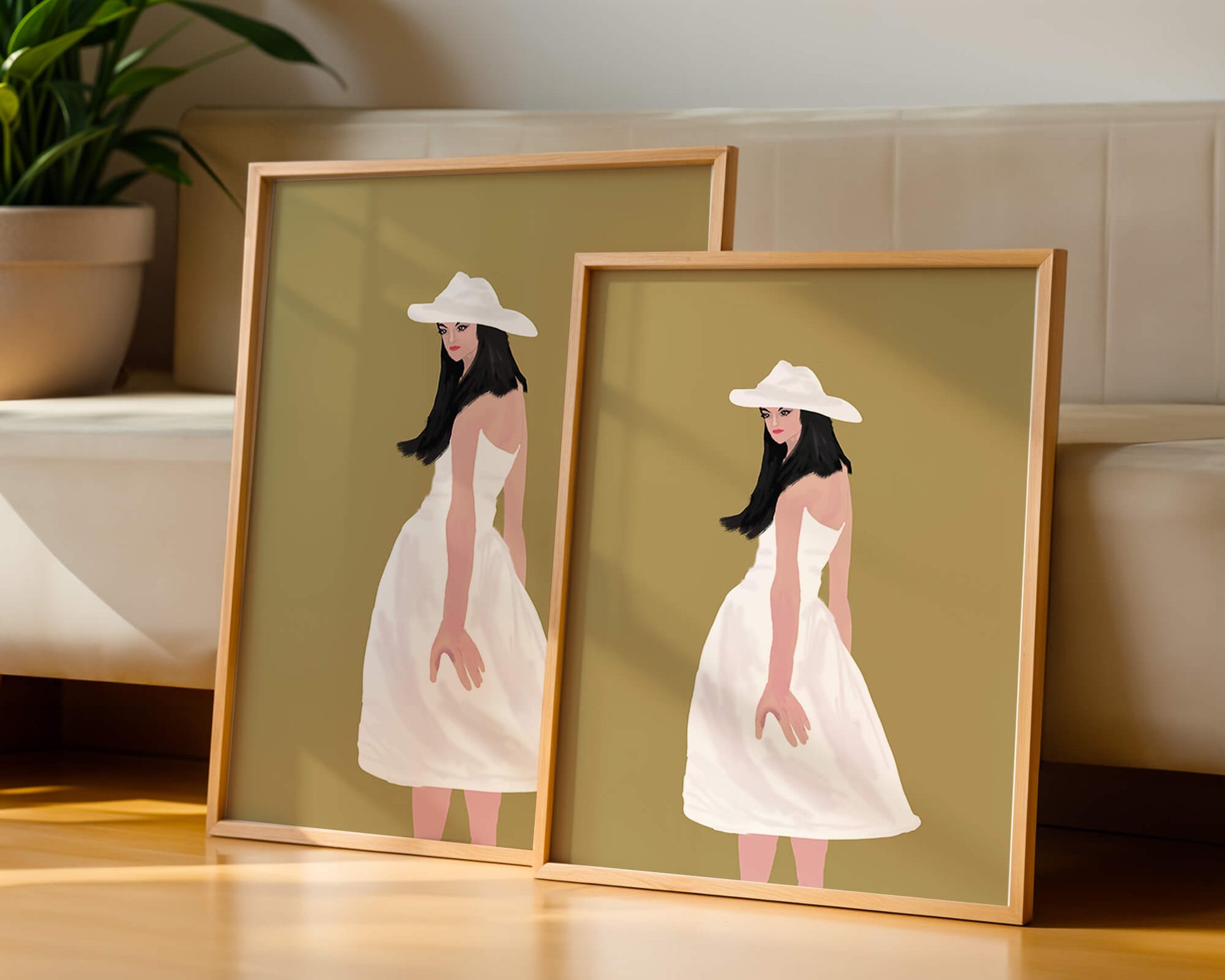 Woman in a white dress and hat on a gold background