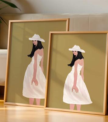 Woman in a white dress and hat on a gold background