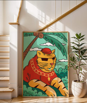 Stylish cartoon tiger lounging under a tropical palm tree with gold accessories