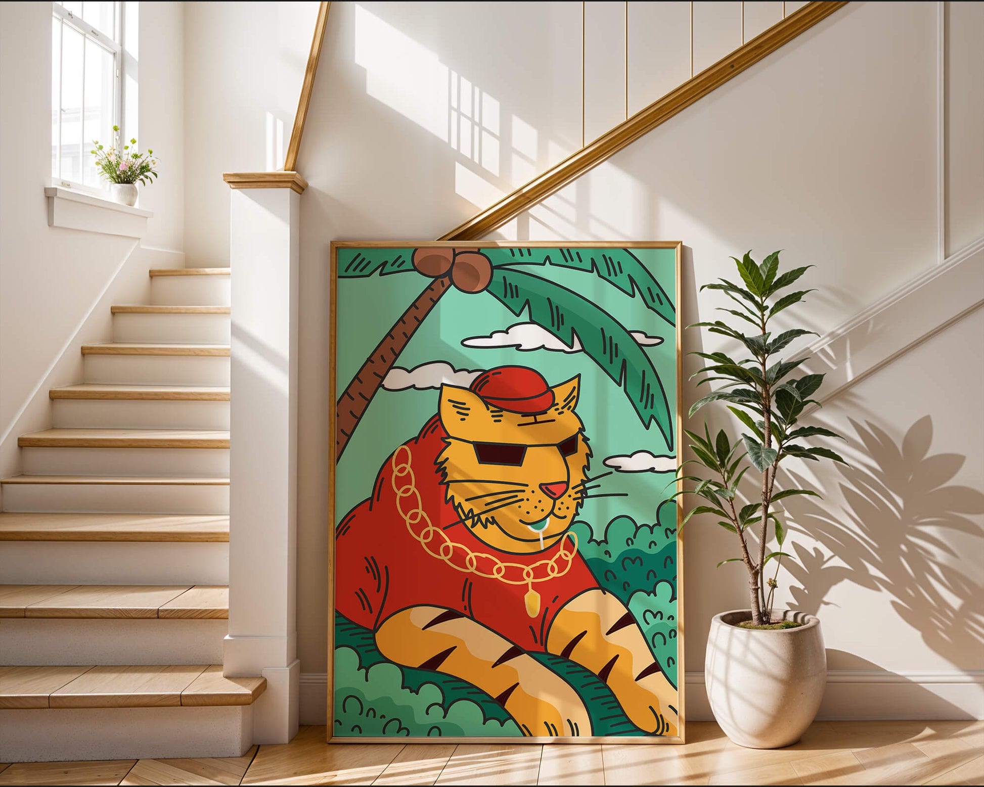 Stylish cartoon tiger lounging under a tropical palm tree with gold accessories
