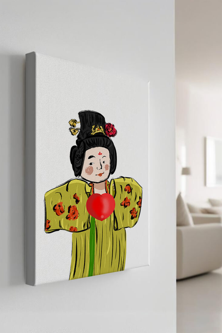 Illustration of a traditional figure in vibrant attire with a heart symbol