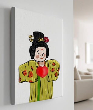 Ilustración de una figura tradicional con atuendo vibrante y un símbolo de corazón