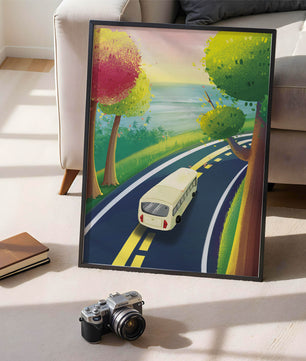 Scenic Road Trip with Vibrant Trees and Sunset