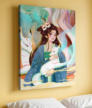 Œuvre de fantasy élégante mettant en scène une figure mystique accompagnée de renards et de couleurs vibrantes