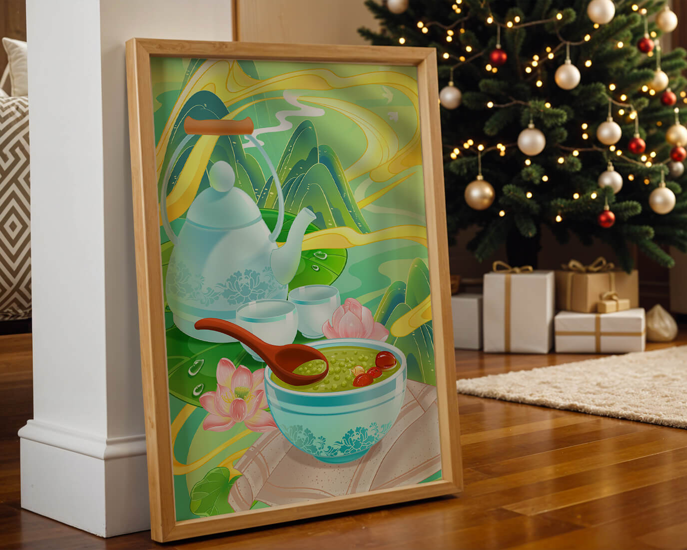 Ceremonia del té con tetera y cuencos de té en medio de un paisaje natural.