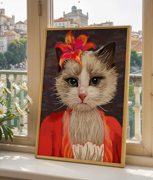 Retrato de gato con acentos de flores vibrantes y atuendo colorido
