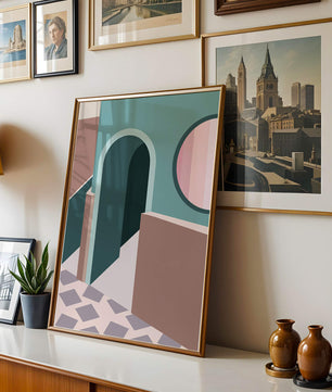 Abstract architectural scene with geometrical shapes