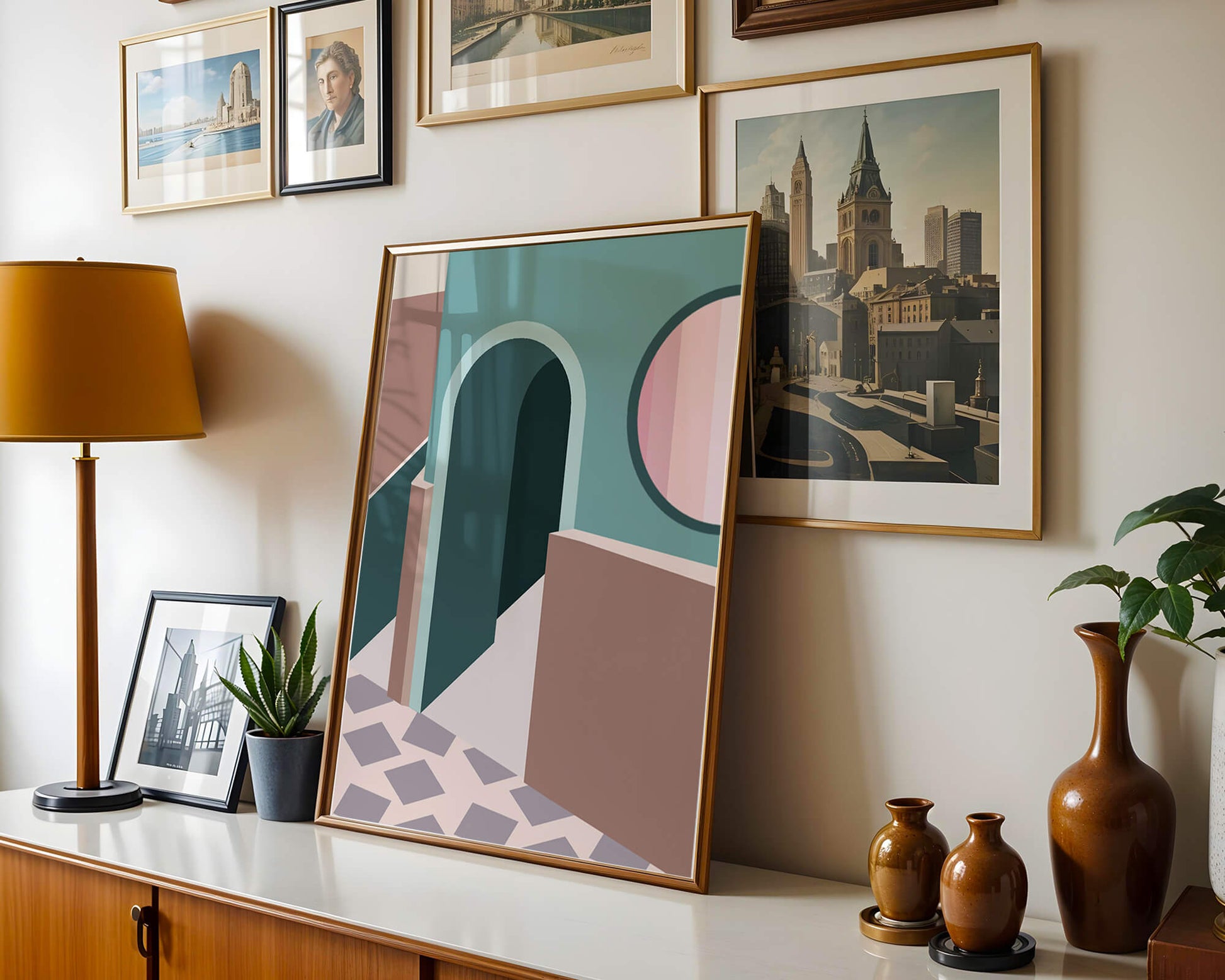 Abstract architectural scene with geometrical shapes