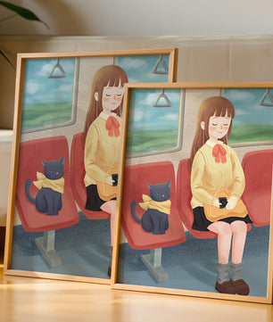 Viaje en tren tranquilo con una chica y su gato ilustrado