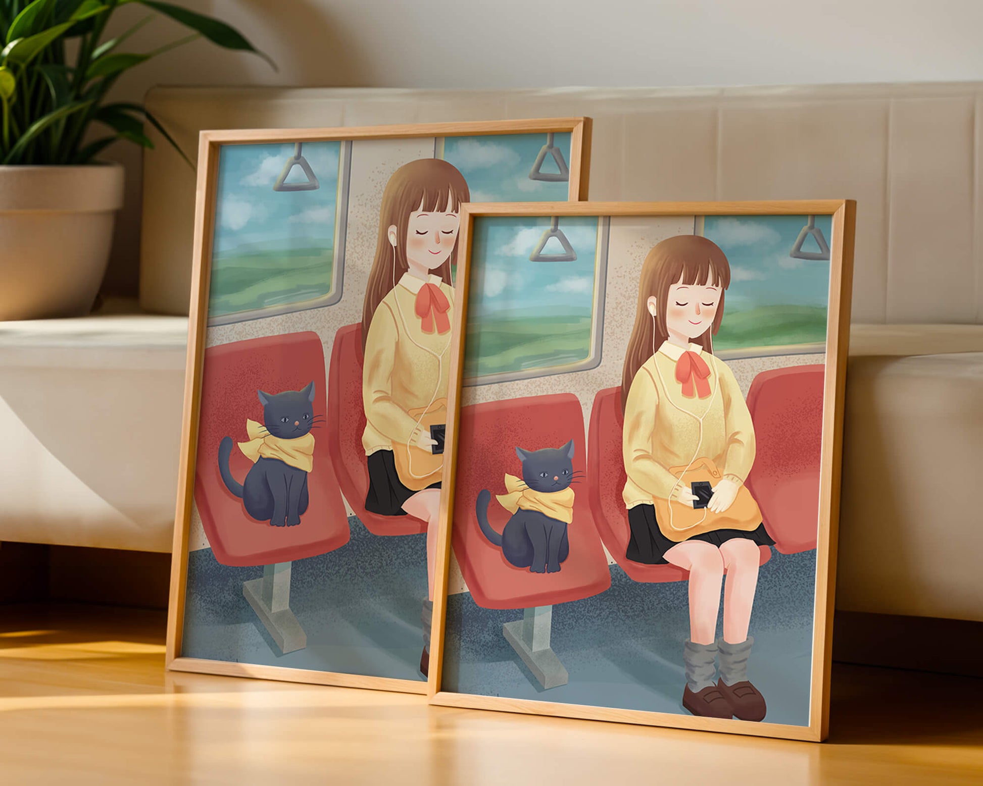 Peaceful train ride with a girl and her cat illustrated