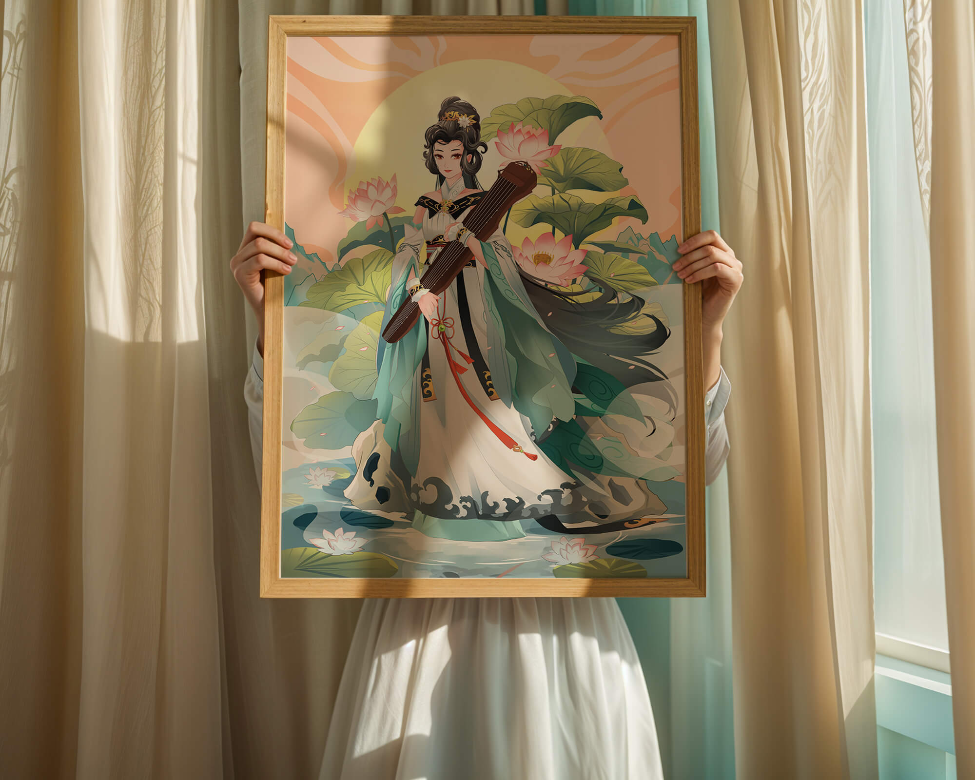 Elegant woman with traditional clothing and musical instrument in serene nature setting