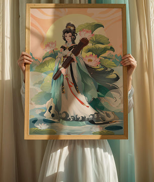 Elegant woman with traditional clothing and musical instrument in serene nature setting