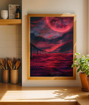 Surreal Scarlet Landscape with Bridge and Celestial Body