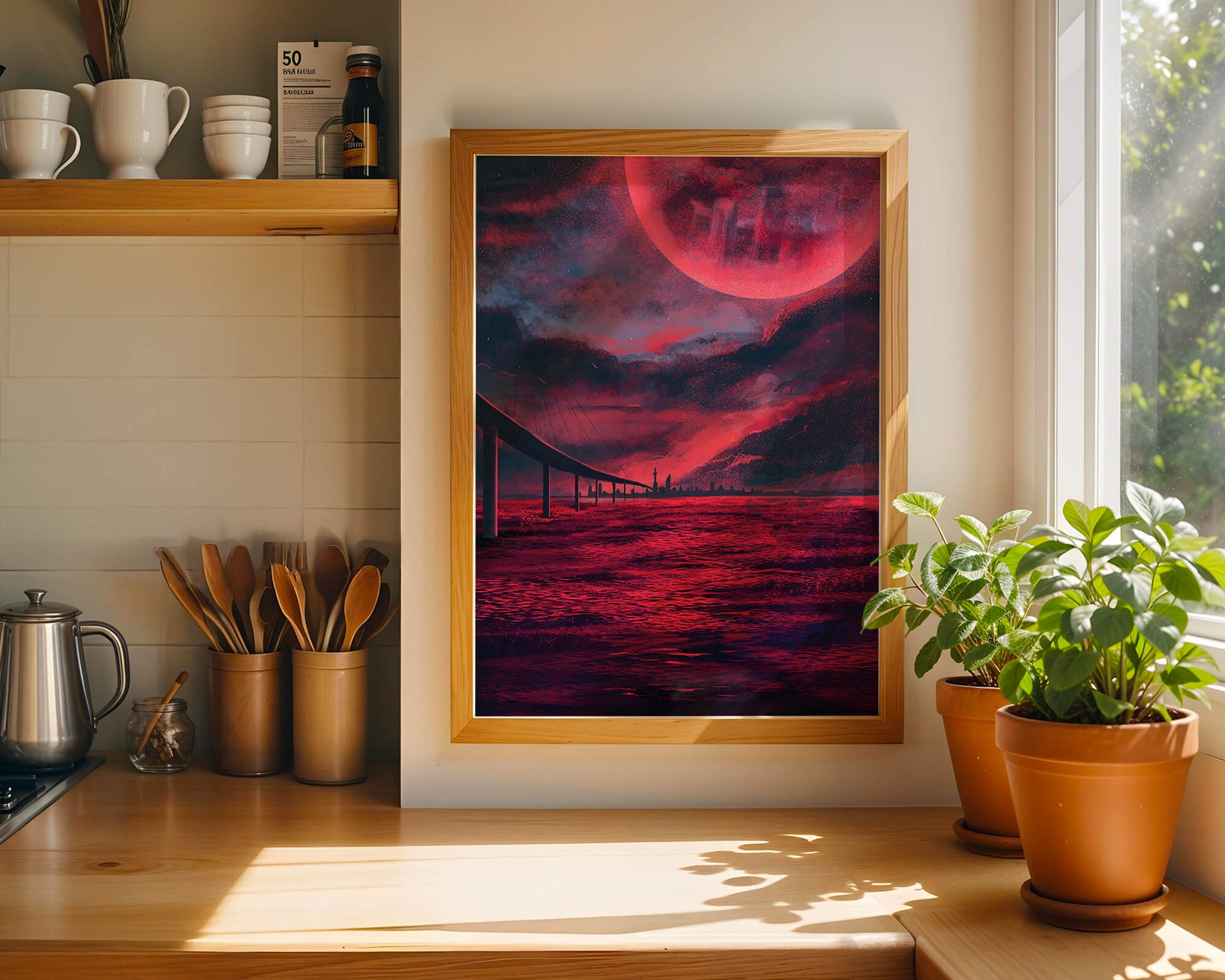Surreal Scarlet Landscape with Bridge and Celestial Body