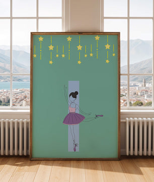 Elegant ballerina illustration with stars on a teal background