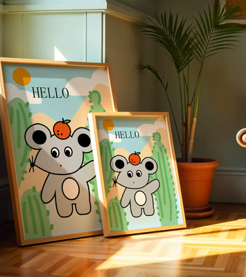 Cute illustration of a mouse with an orange on a sunny background
