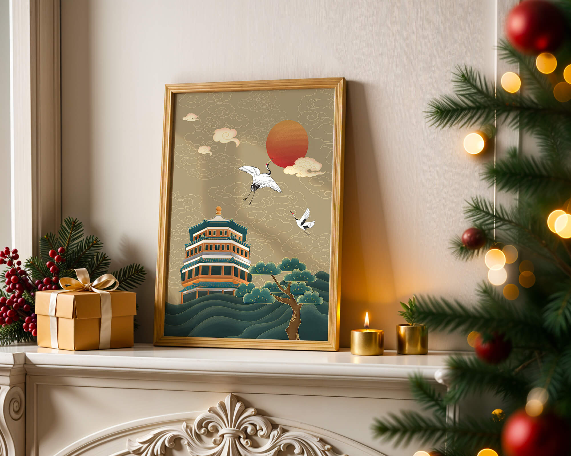 Traditional Asian artwork with cranes and pagoda under a red sun