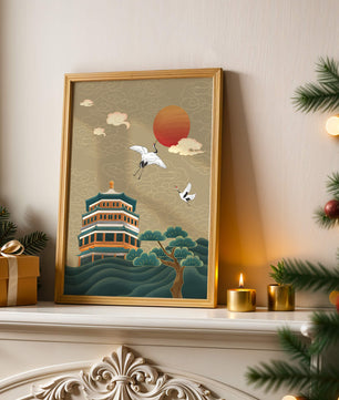Traditional Asian artwork with cranes and pagoda under a red sun