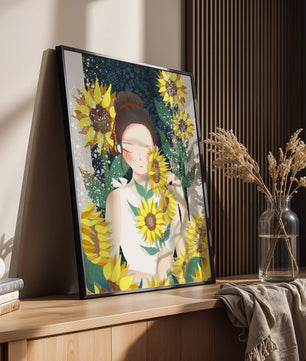 Young woman surrounded by vibrant sunflowers in a serene setting