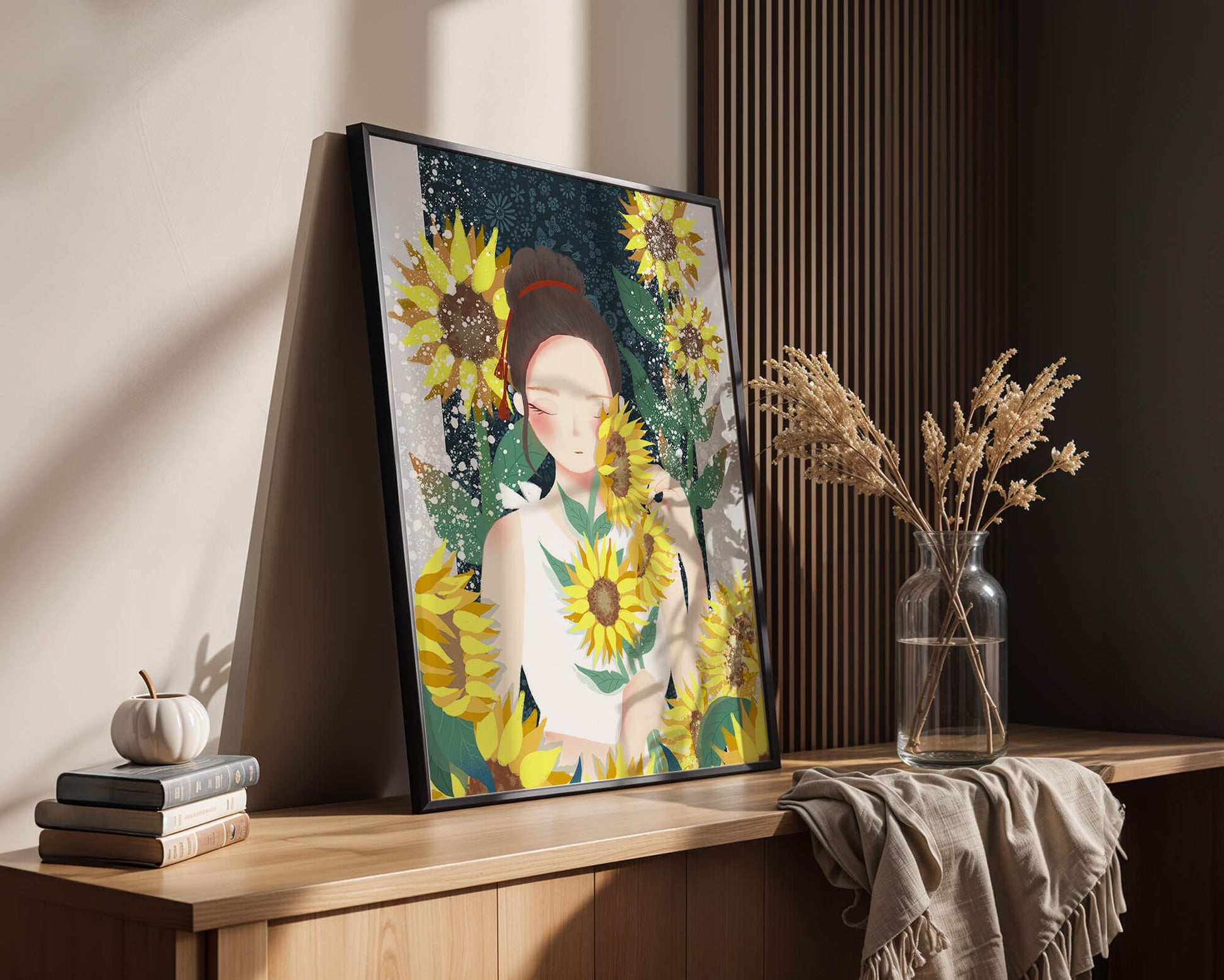Young woman surrounded by vibrant sunflowers in a serene setting