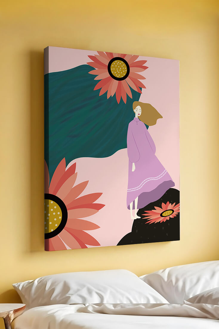 Stylized illustration of woman with vibrant floral elements