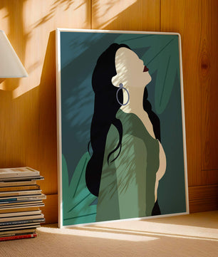 Stylized artwork of a woman with dark hair and earrings against a tropical leaf backdrop