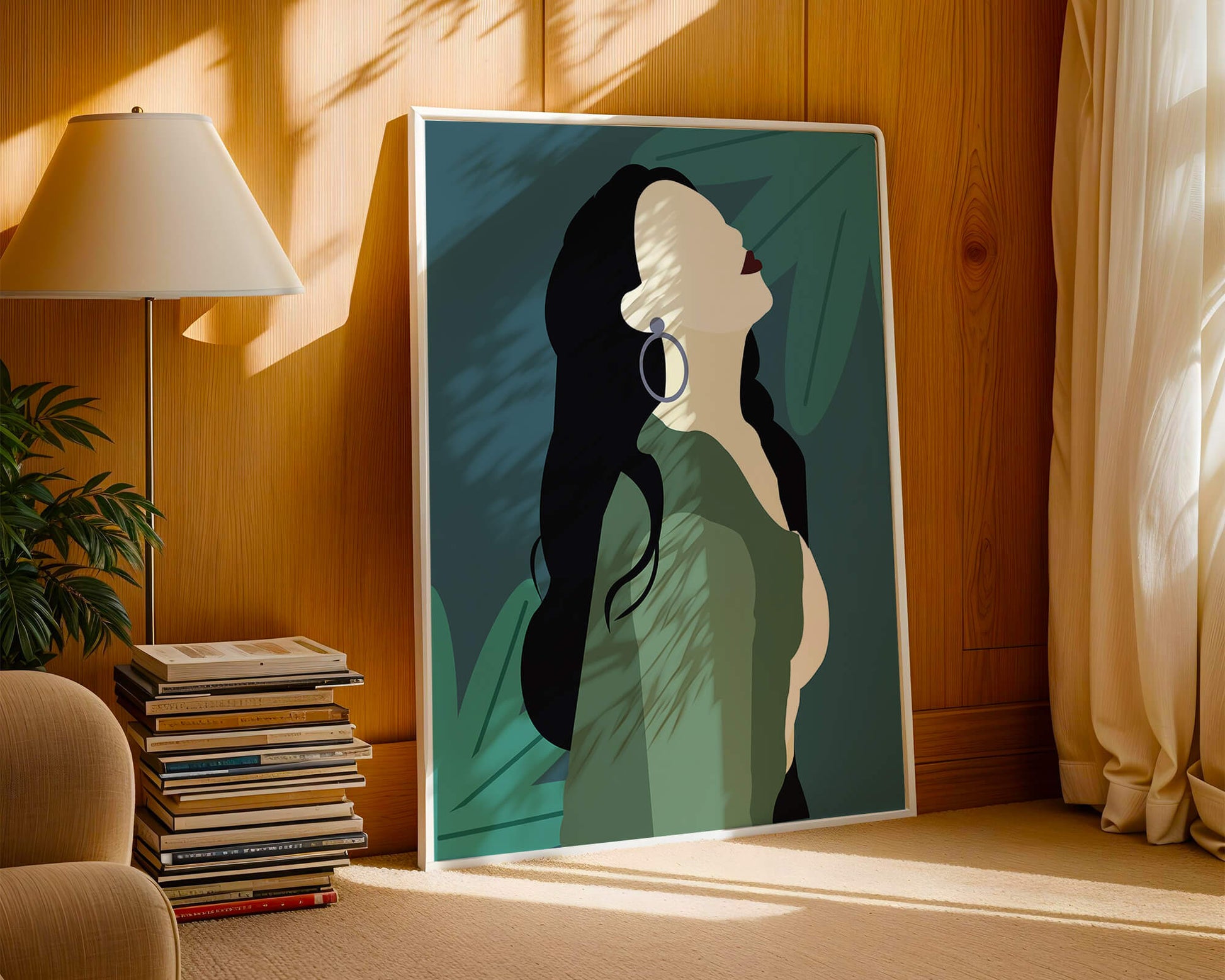 Stylized artwork of a woman with dark hair and earrings against a tropical leaf backdrop