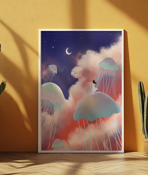 Dreamy Scene with Floating Jellyfish and Moonlit Sky