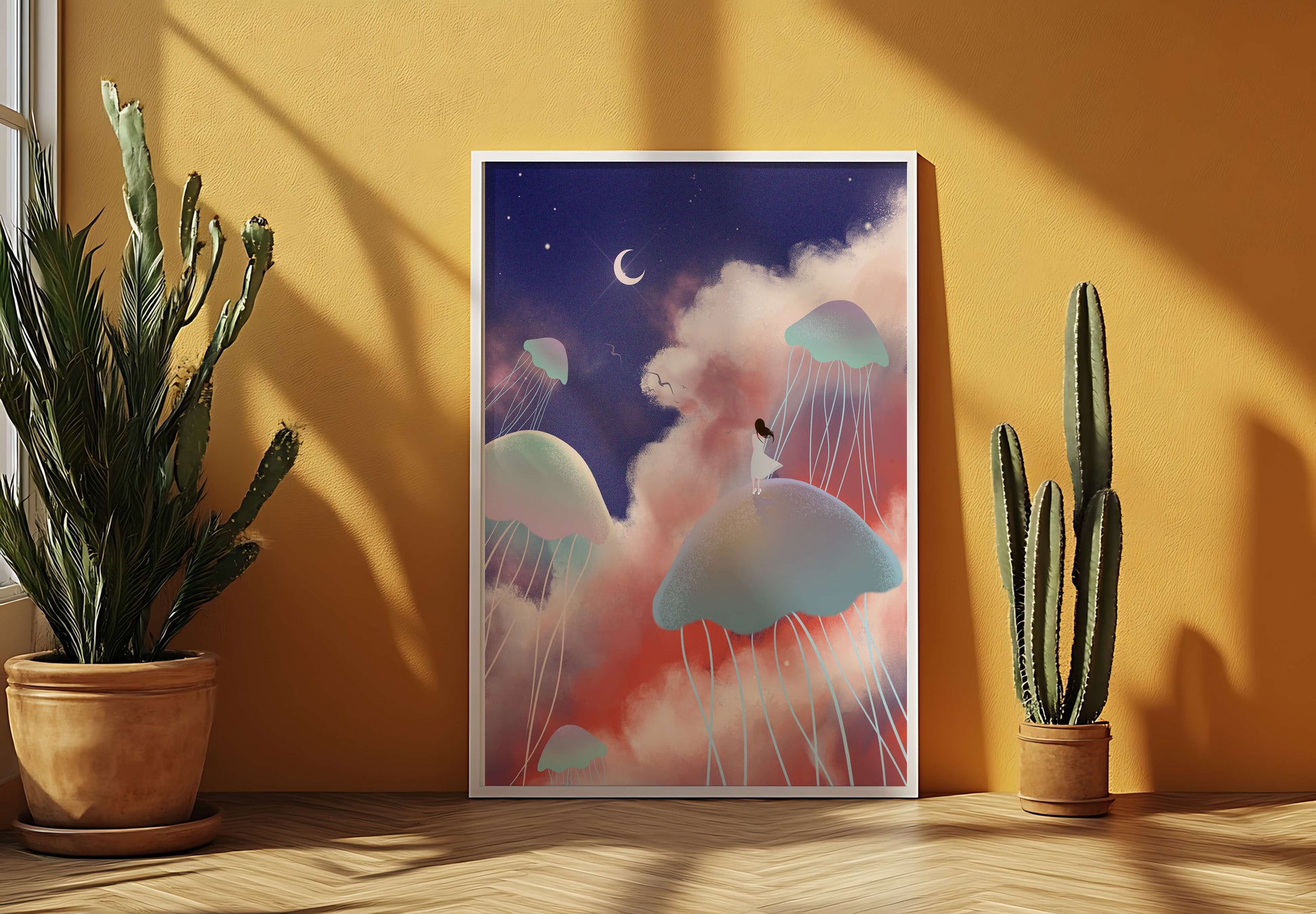 Dreamy Scene with Floating Jellyfish and Moonlit Sky