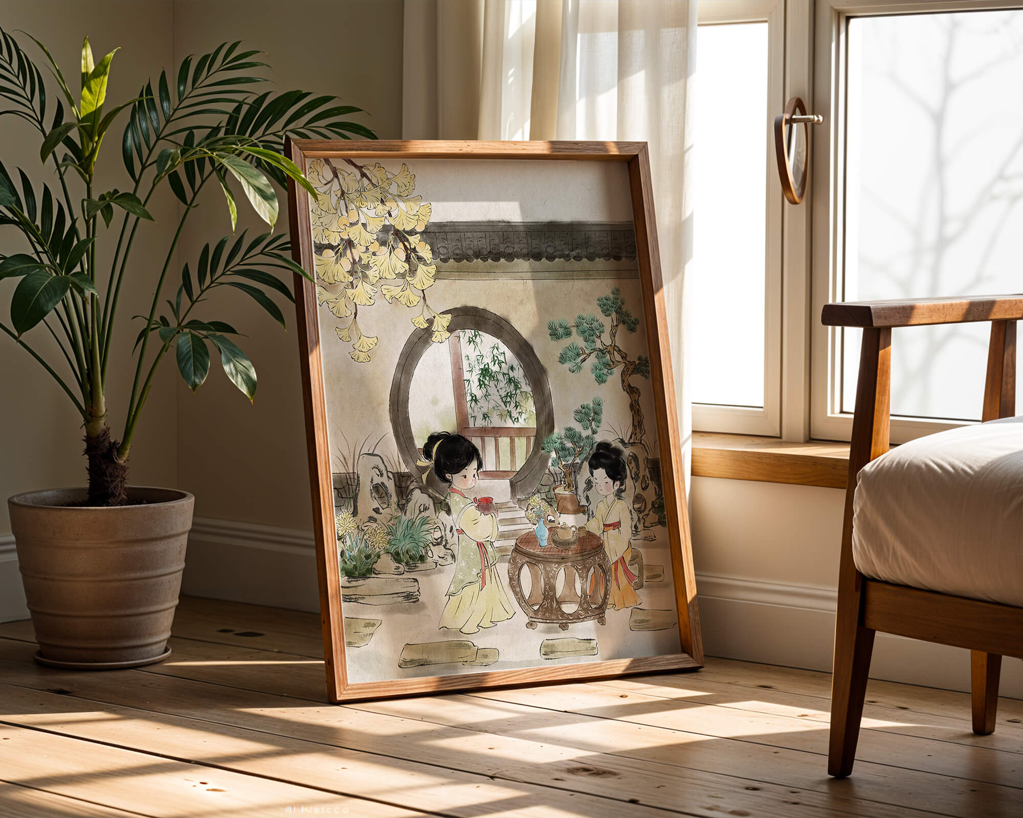 Serene traditional Chinese garden scene with women in elegant attire