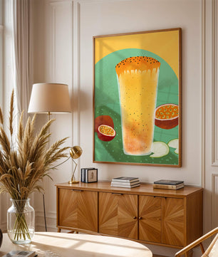Illustrated tropical passion fruit drink with fresh slices