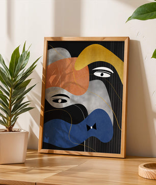 Abstract geometric art with bold colors and gold accents