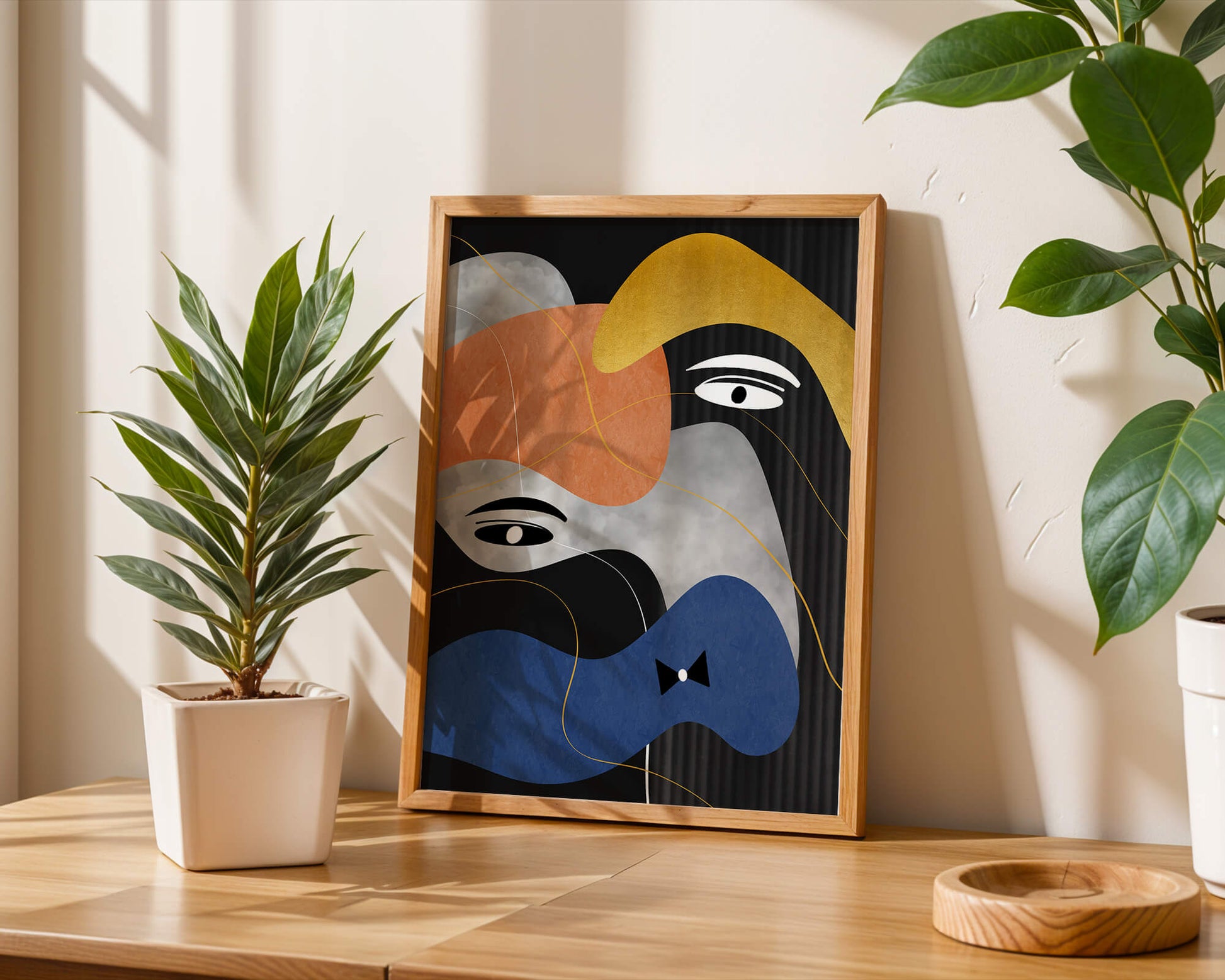 Abstract geometric art with bold colors and gold accents
