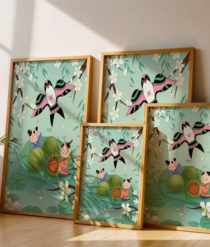 Children Playing on Lotus Leaves with Kite and Cherry Blossoms