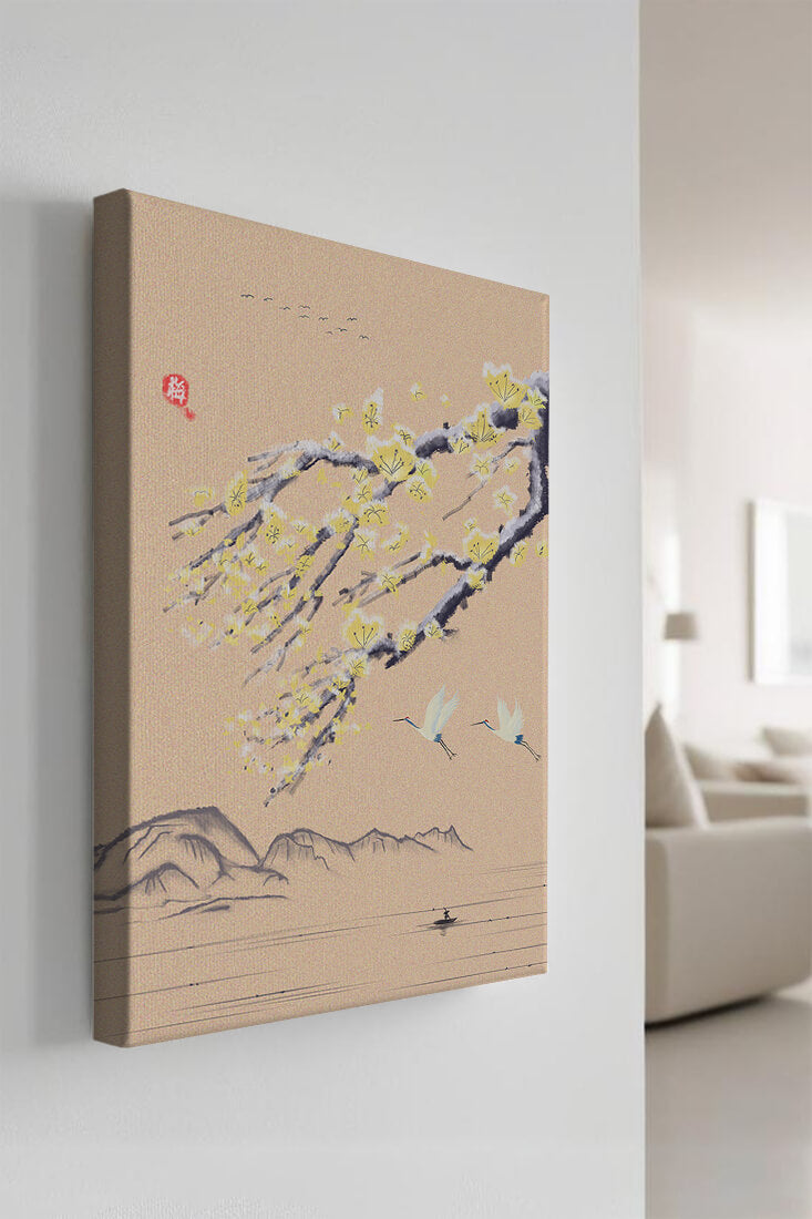 Tranquil landscape with blooming branches and flying cranes