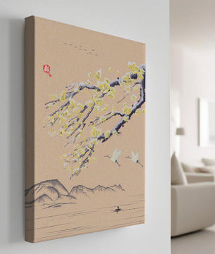 Tranquil landscape with blooming branches and flying cranes