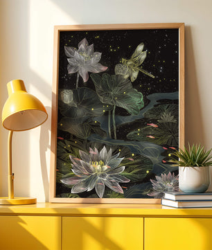 Lotus Flowers and Dragonfly in Nighttime Pond