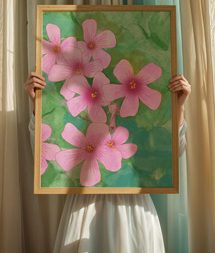 Zarte rosa Blüten auf einem leuchtend grünen Hintergrund Illustration