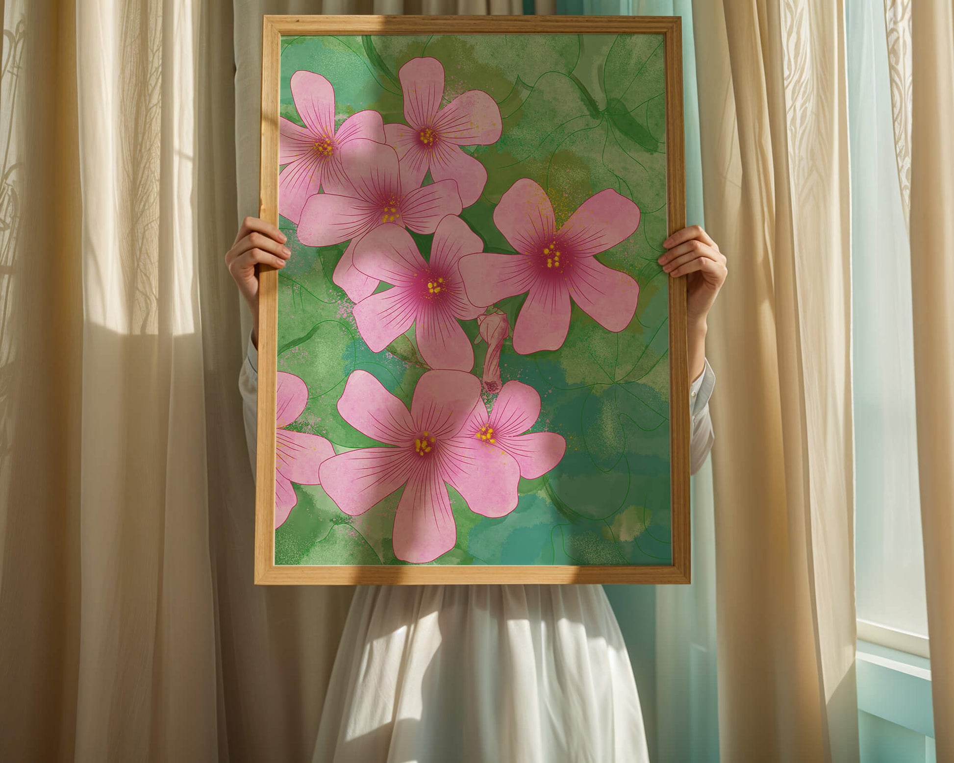 Zarte rosa Blüten auf einem leuchtend grünen Hintergrund Illustration