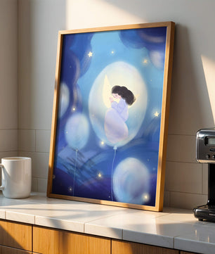 Dreamlike night sky with a girl on a moon enveloped by stars and balloons