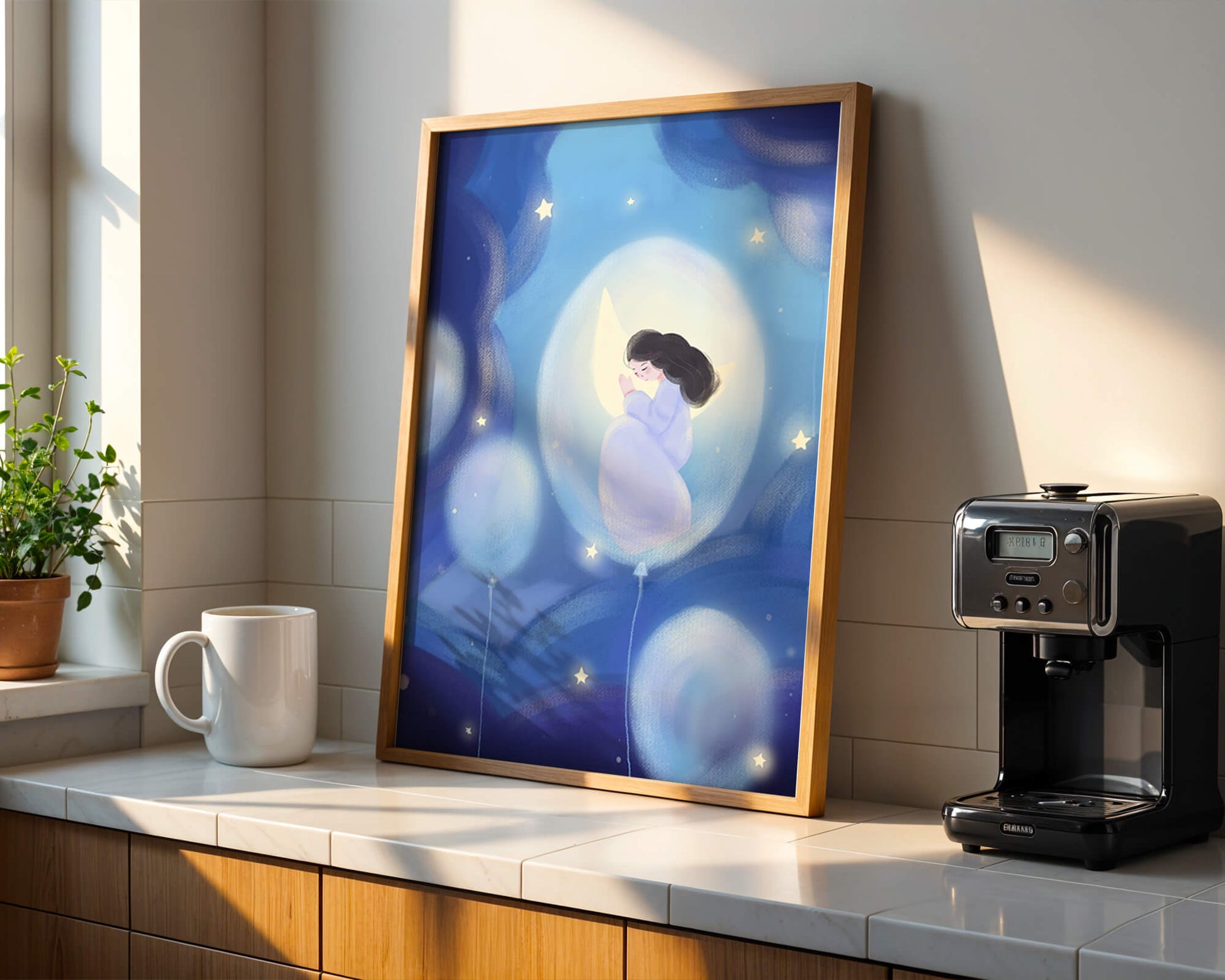 Dreamlike night sky with a girl on a moon enveloped by stars and balloons
