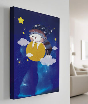 Scène nocturne onirique avec un enfant étreignant la lune