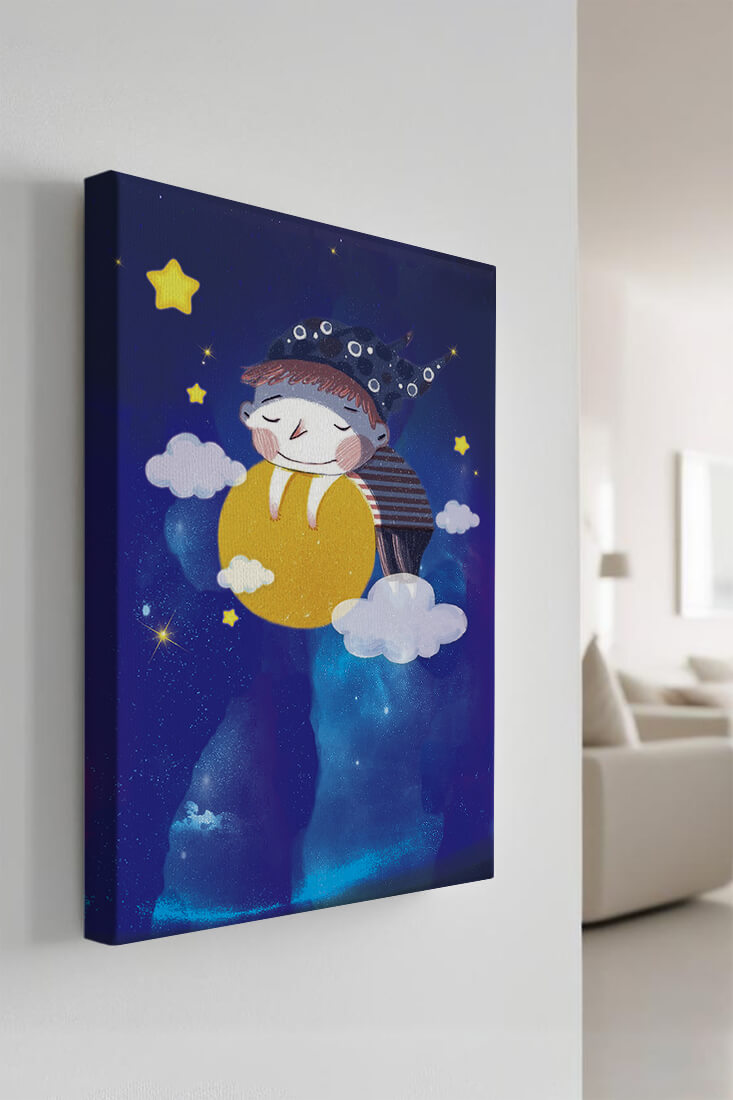 Dreamy Nighttime Scene with a Child Hugging the Moon