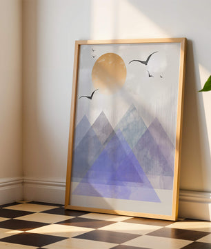 Abstract Mountain Landscape with Geometric Elements and Soaring Birds