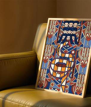 Patrón geométrico Art Decó con rostros y diseño simétrico