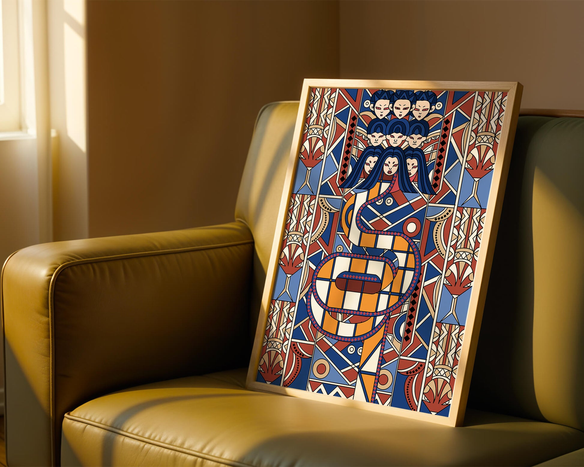 Patrón geométrico Art Decó con rostros y diseño simétrico