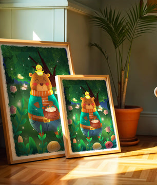 Charming bear in a colorful garden with flowers and fireflies